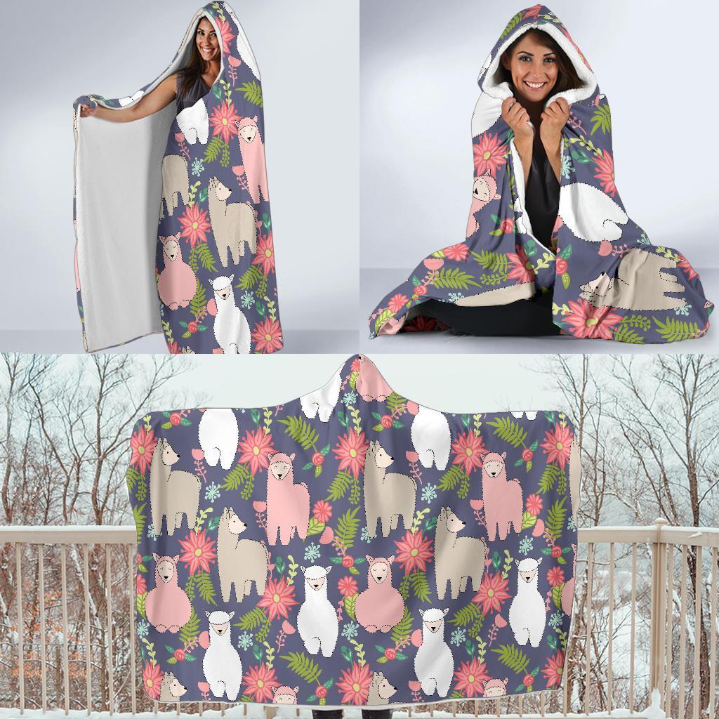 Alpaca Floral Pattern Print Hooded Blanket-grizzshop