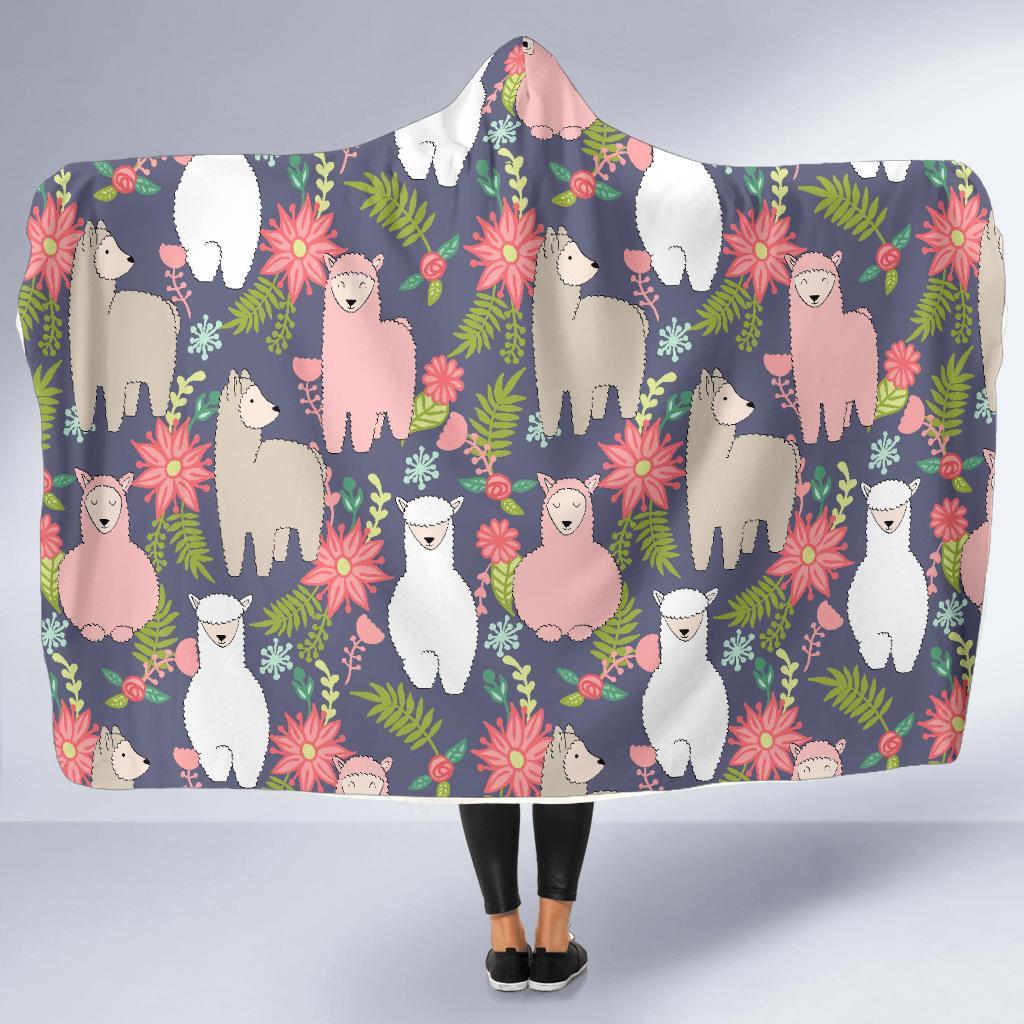 Alpaca Floral Pattern Print Hooded Blanket-grizzshop