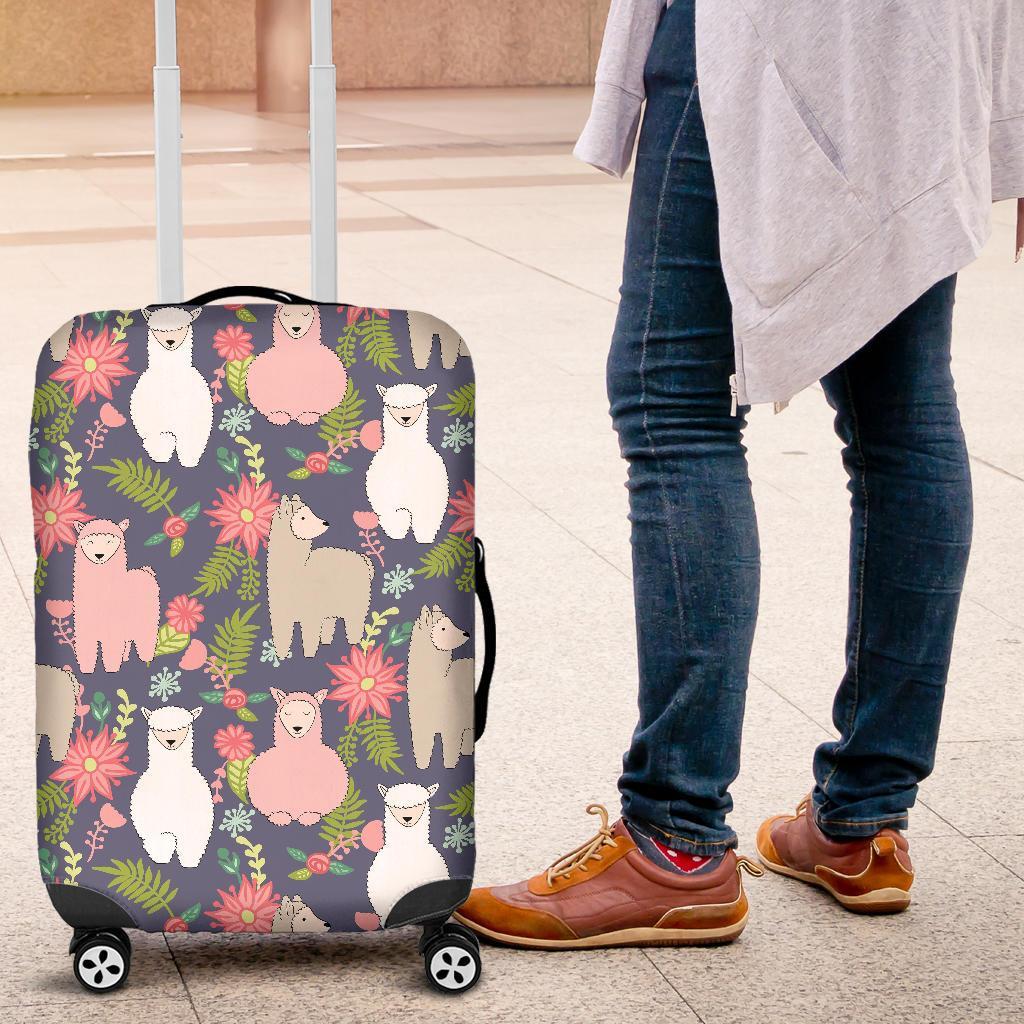 Alpaca Floral Pattern Print Luggage Cover Protector-grizzshop