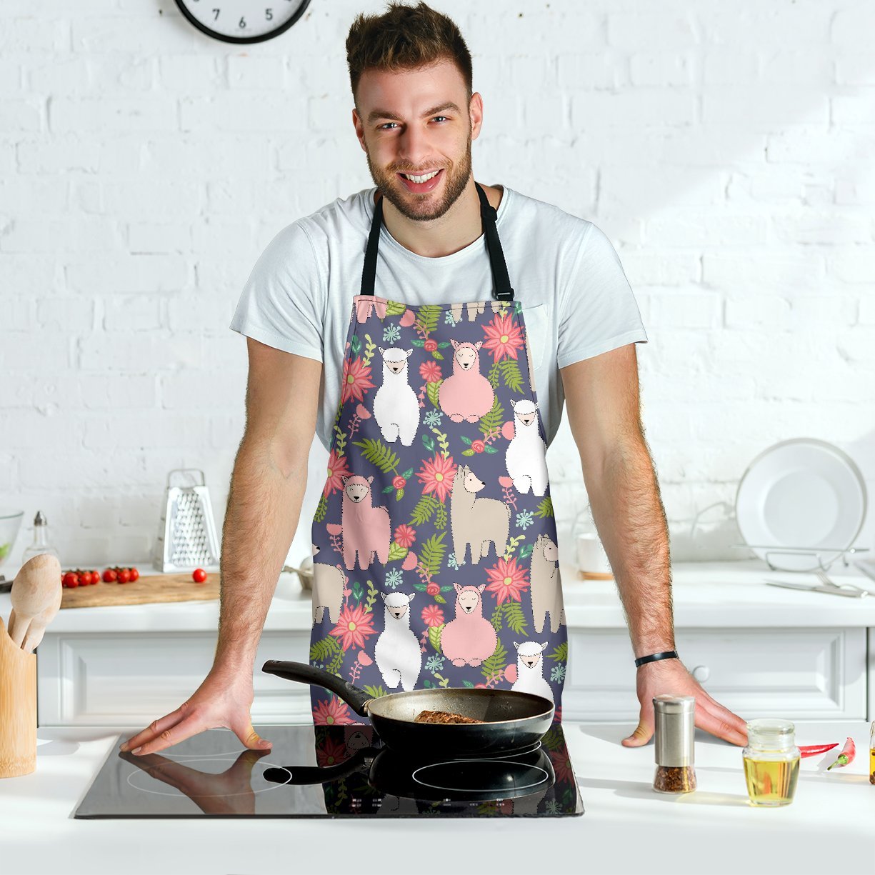 Alpaca Floral Pattern Print Men's Apron-grizzshop