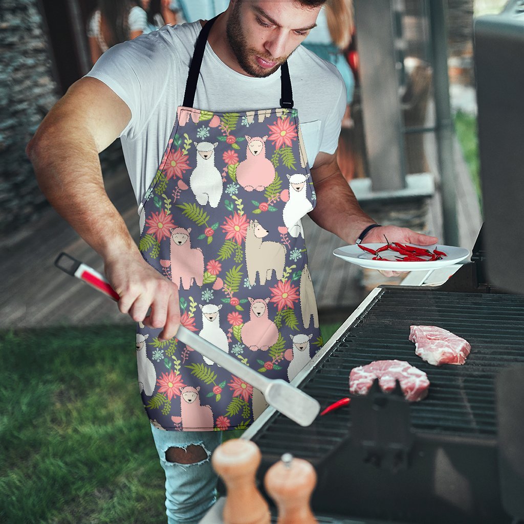 Alpaca Floral Pattern Print Men's Apron-grizzshop