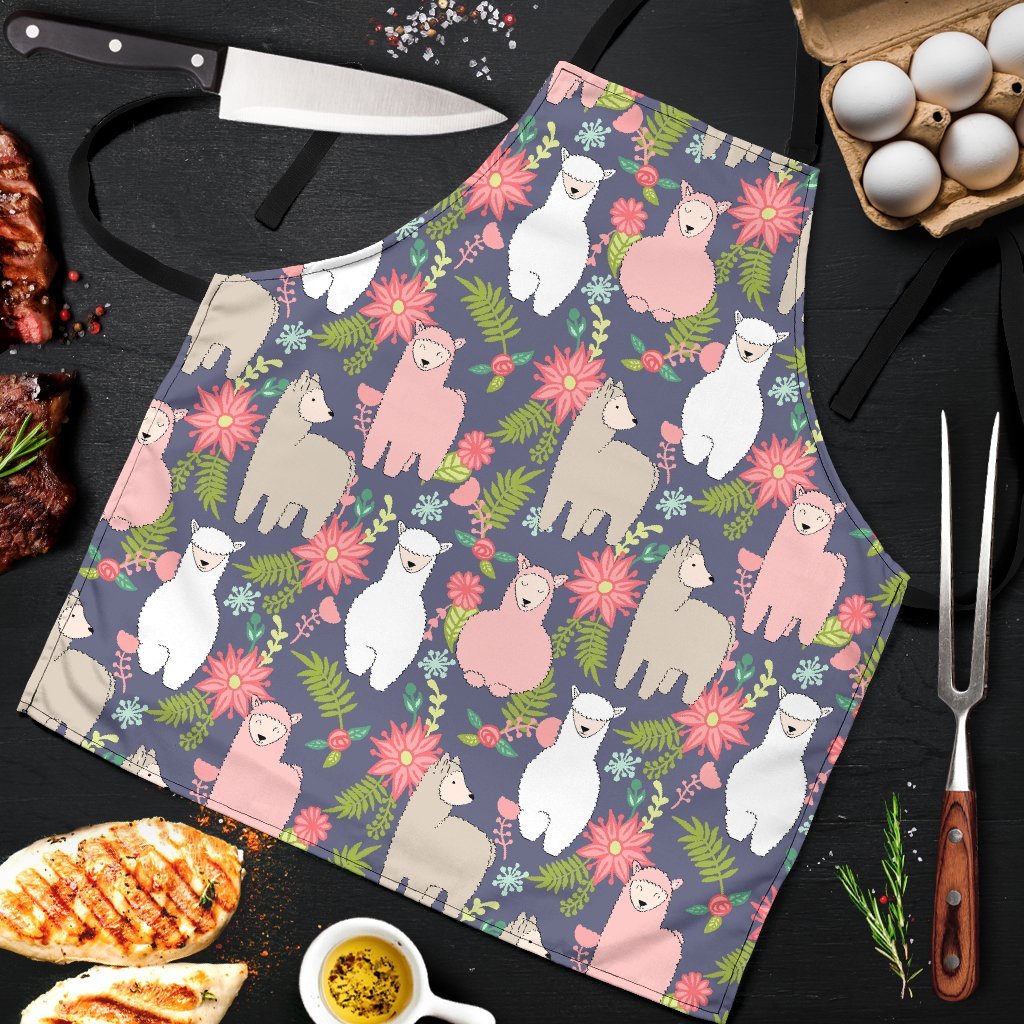 Alpaca Floral Pattern Print Men's Apron-grizzshop