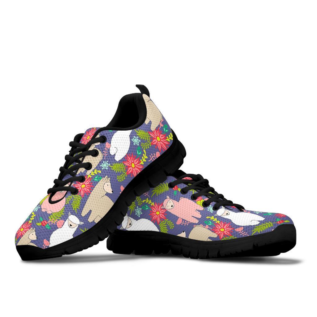 Alpaca Floral Pattern Print Sneaker Shoes For Men Women-grizzshop