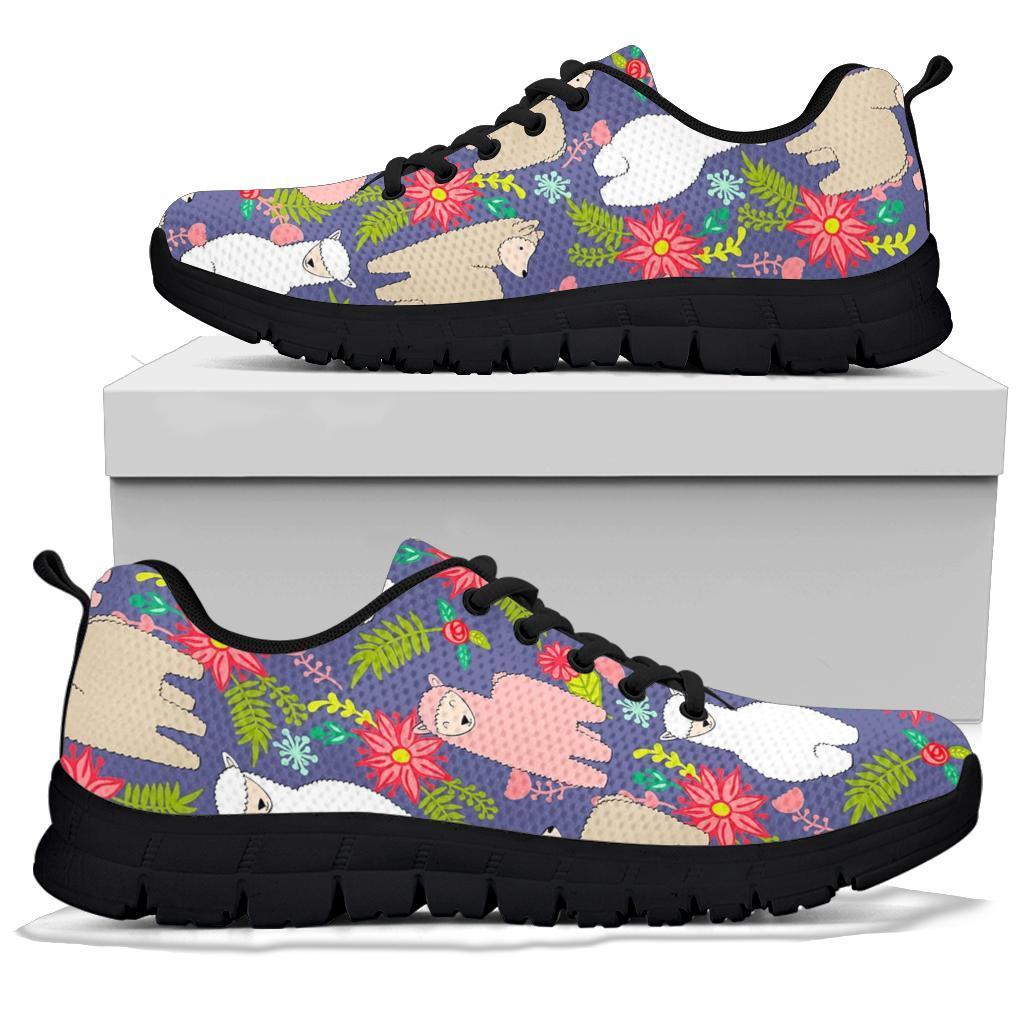 Alpaca Floral Pattern Print Sneaker Shoes For Men Women-grizzshop