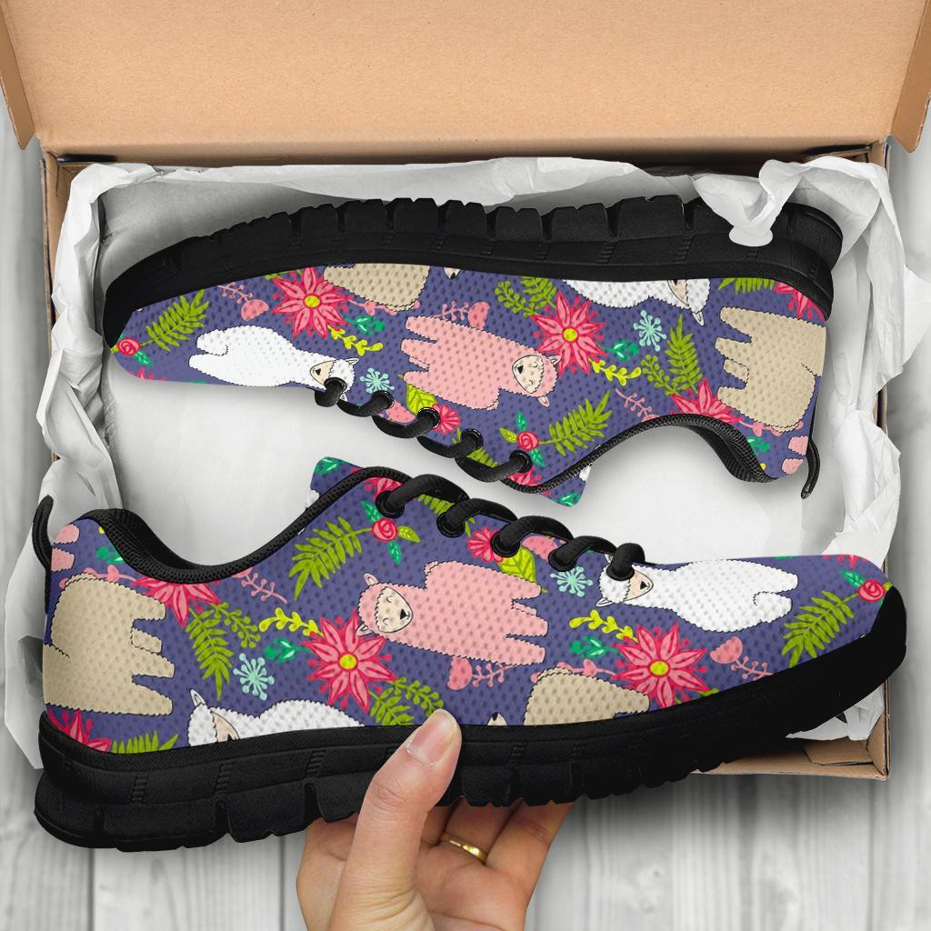 Alpaca Floral Pattern Print Sneaker Shoes For Men Women-grizzshop