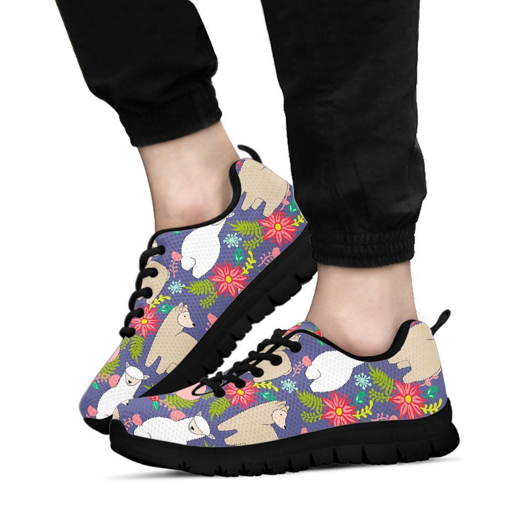 Alpaca Floral Pattern Print Sneaker Shoes For Men Women-grizzshop