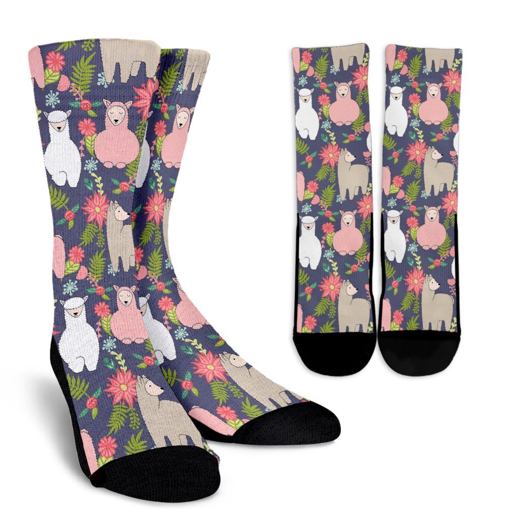 Alpaca Floral Pattern Print Unisex Crew Socks-grizzshop