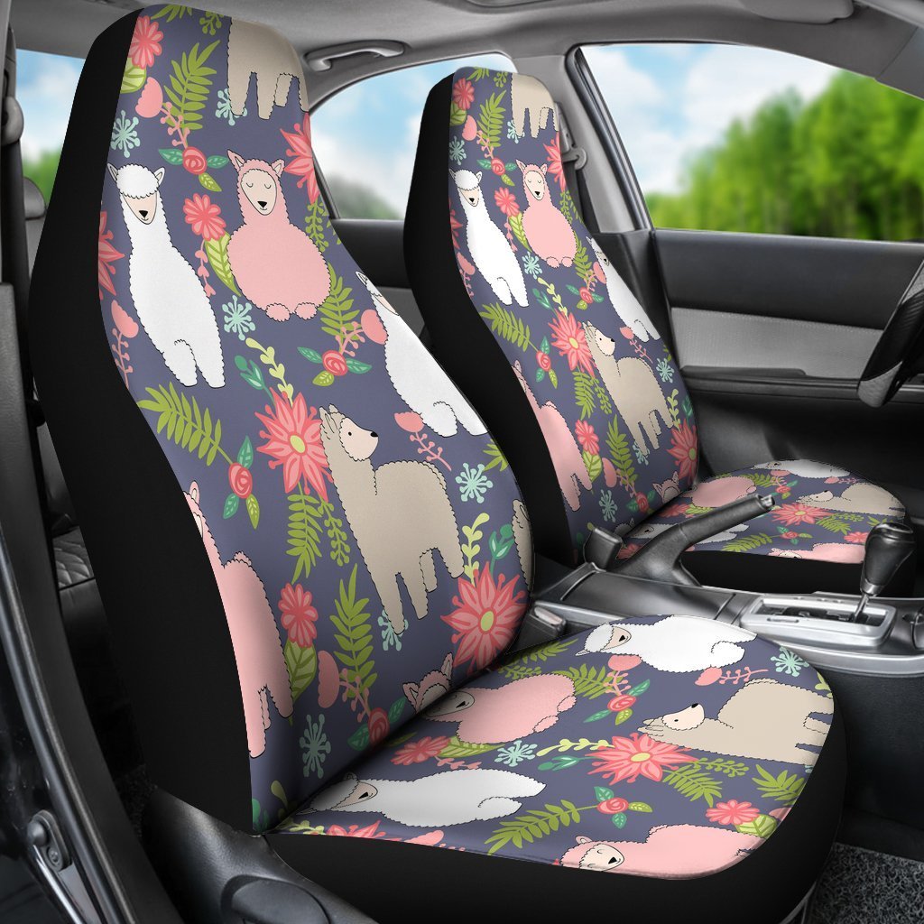 Alpaca Floral Pattern Print Universal Fit Car Seat Covers-grizzshop