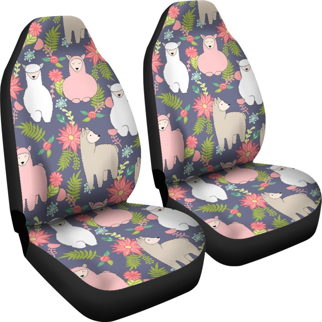 Alpaca Floral Pattern Print Universal Fit Car Seat Covers-grizzshop