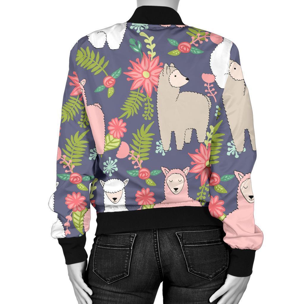 Alpaca Floral Pattern Print Women Casual Bomber Jacket-grizzshop