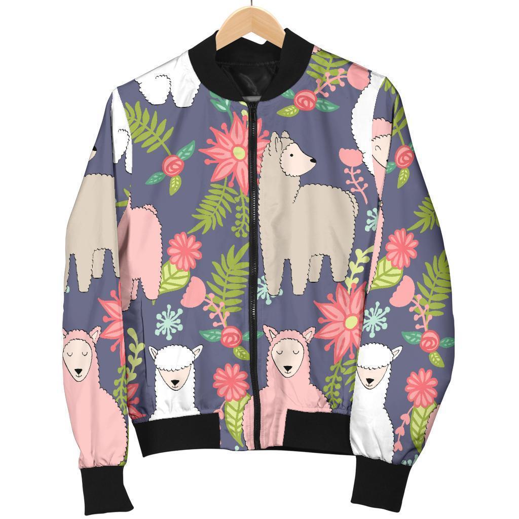 Alpaca Floral Pattern Print Women Casual Bomber Jacket-grizzshop