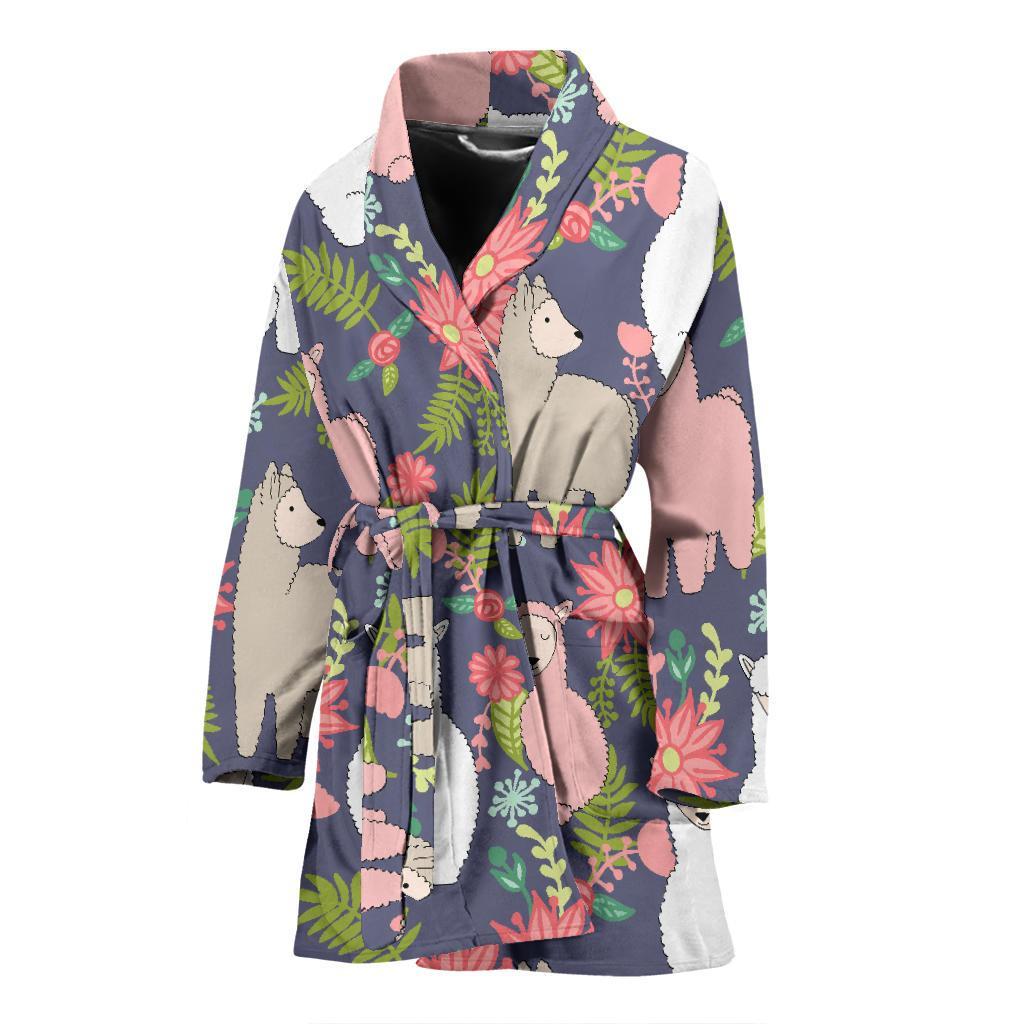 Alpaca Floral Pattern Print Women Long Robe-grizzshop