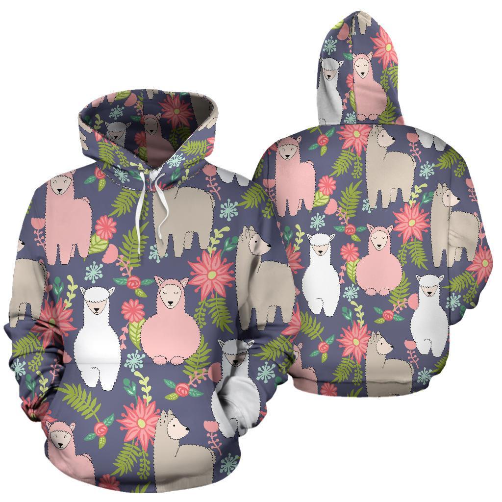 Alpaca Floral Pattern Print Women Men Pullover Hoodie-grizzshop