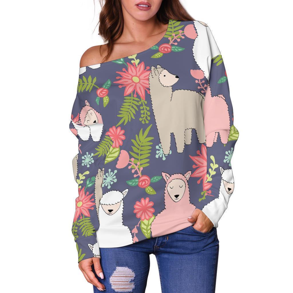 Alpaca Floral Pattern Print Women Off Shoulder Sweatshirt-grizzshop