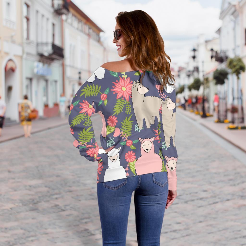 Alpaca Floral Pattern Print Women Off Shoulder Sweatshirt-grizzshop