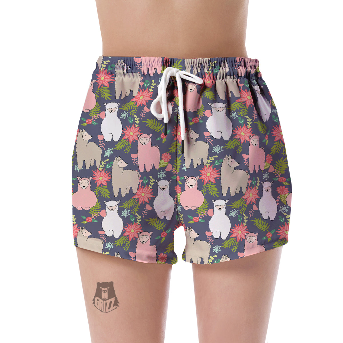 Alpaca Floral Pattern Print Women's Shorts-grizzshop