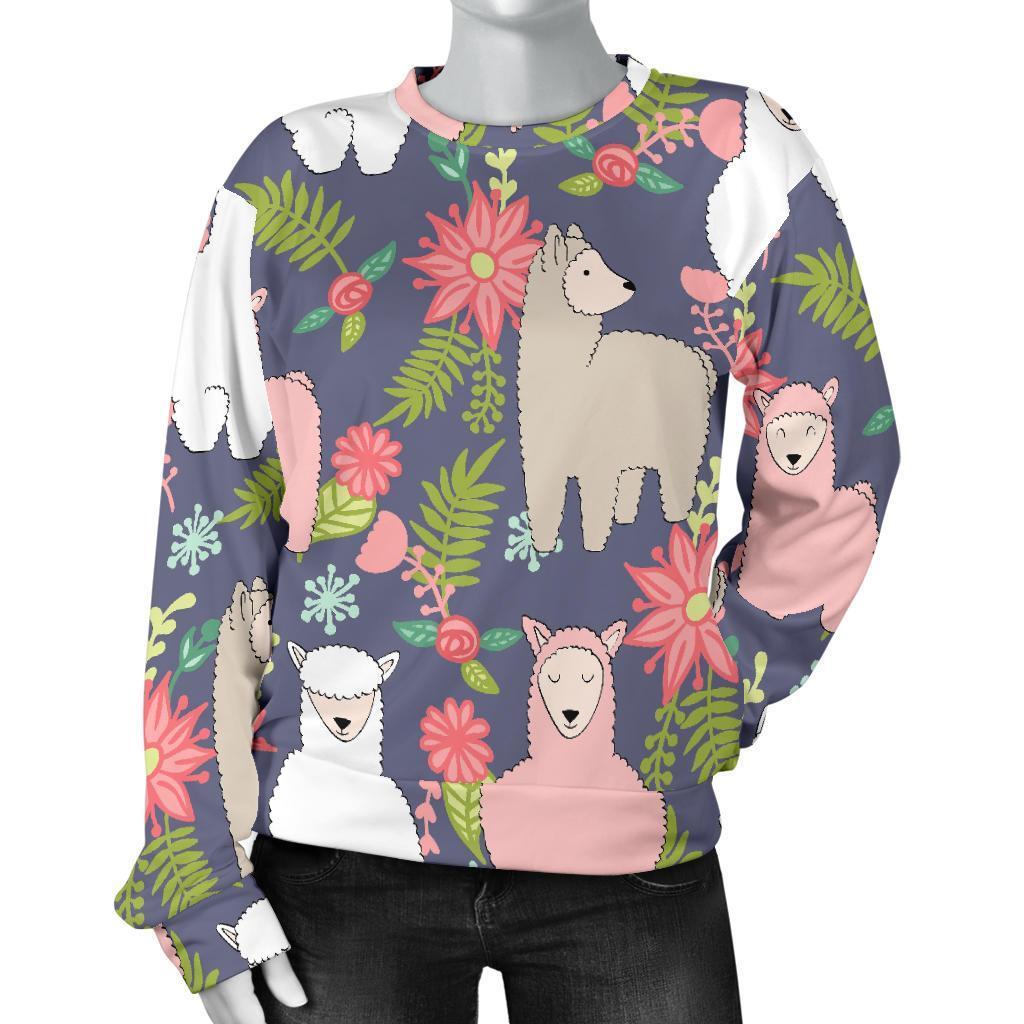 Alpaca Floral Pattern Print Women's Sweatshirt-grizzshop