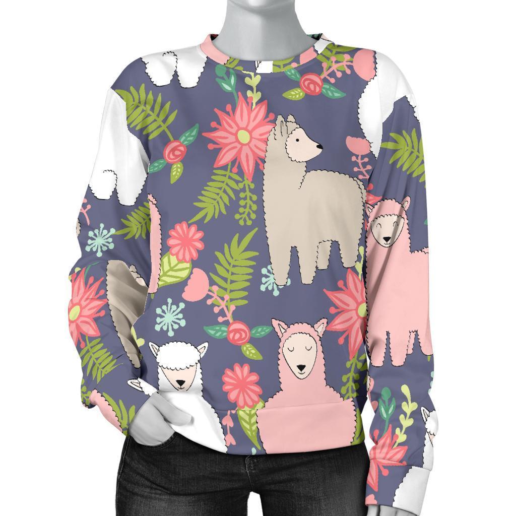 Alpaca Floral Pattern Print Women's Sweatshirt-grizzshop