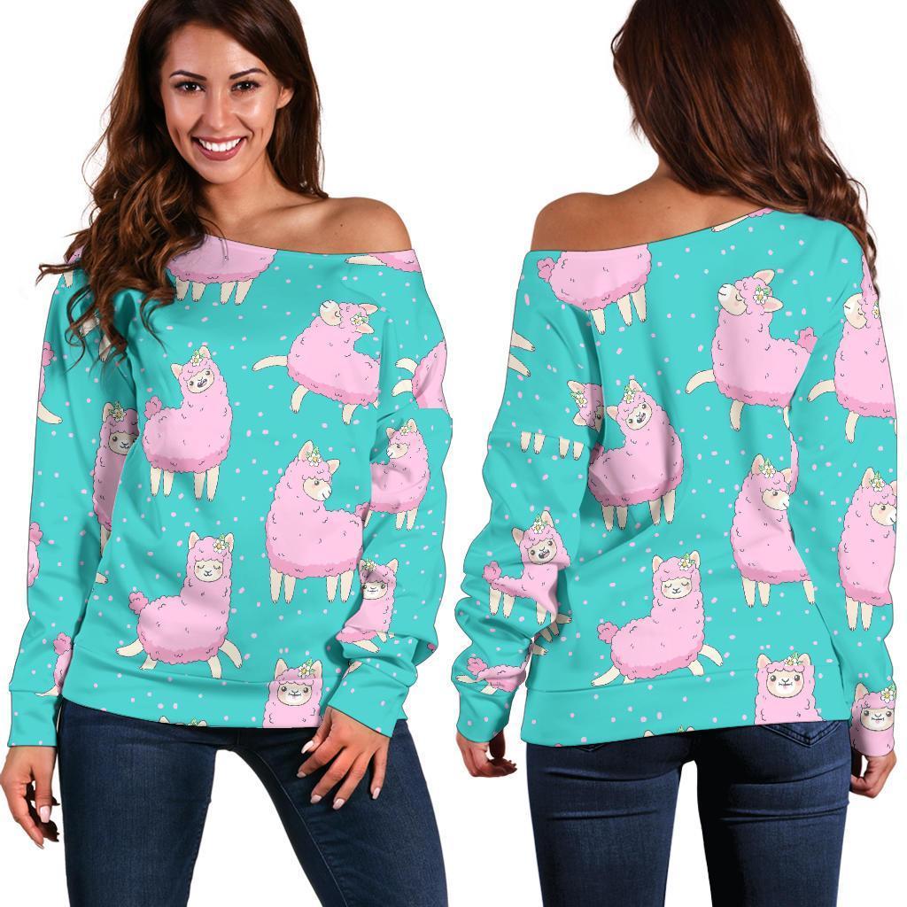 Alpaca Pattern Print Women Off Shoulder Sweatshirt-grizzshop