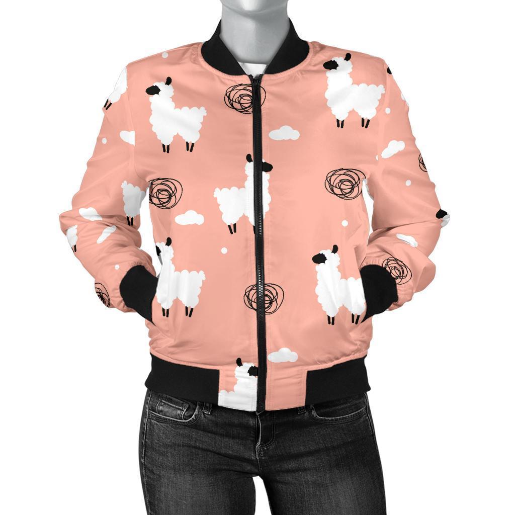 Alpaca Pink Pattern Print Women Casual Bomber Jacket-grizzshop