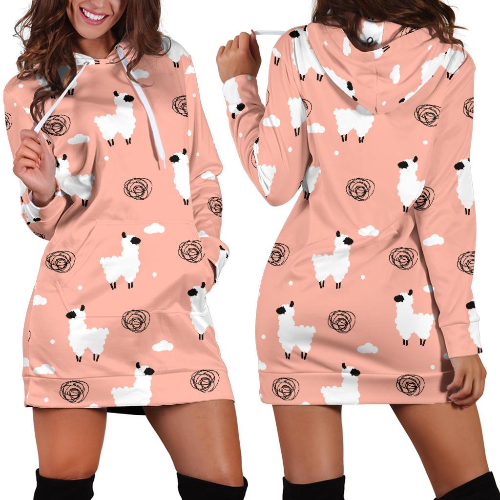 Alpaca Pink Pattern Print Women Hoodie Dress-grizzshop