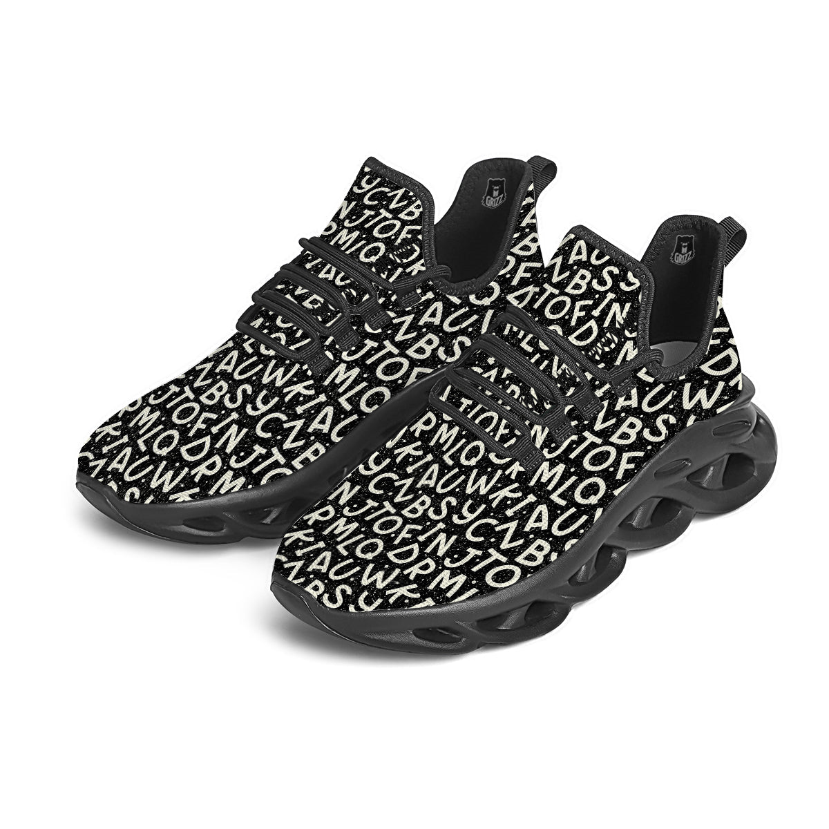 Alphabet Black Print Pattern Black Running Shoes-grizzshop