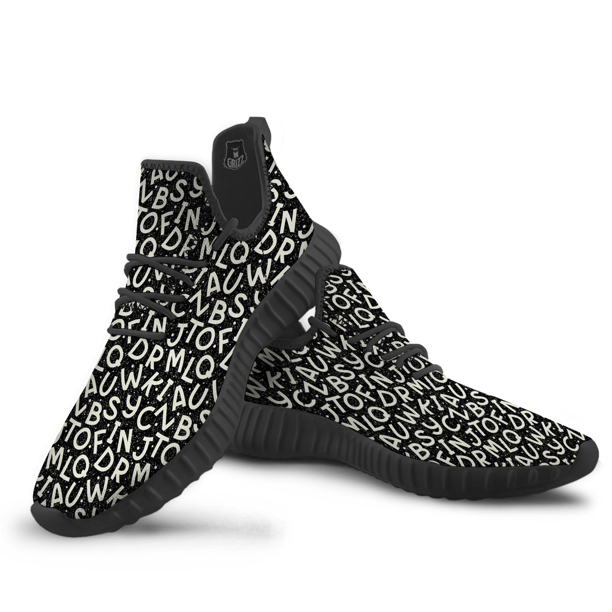 Alphabet Black Print Pattern Black Walking Shoes-grizzshop