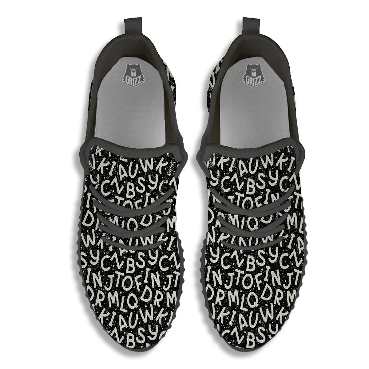 Alphabet Black Print Pattern Black Walking Shoes-grizzshop