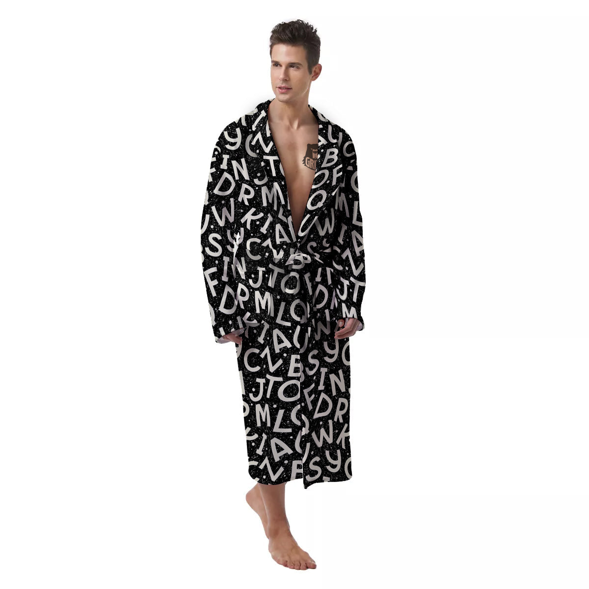 Alphabet Black Print Pattern Men's Robe-grizzshop