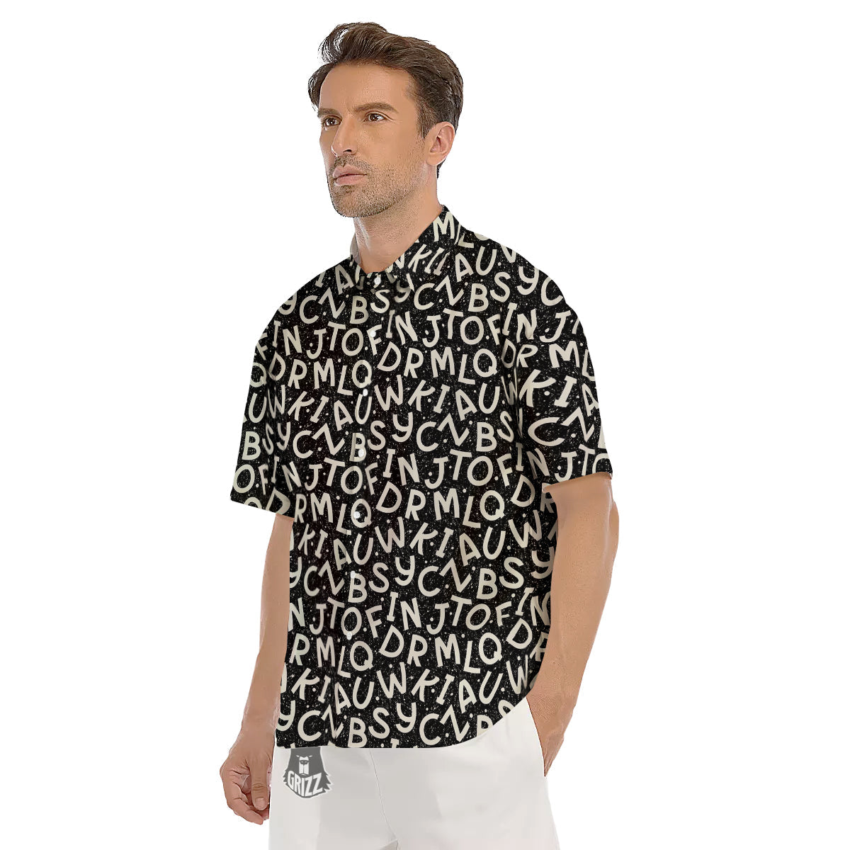 Alphabet Black Print Pattern Men's Short Sleeve Shirts-grizzshop