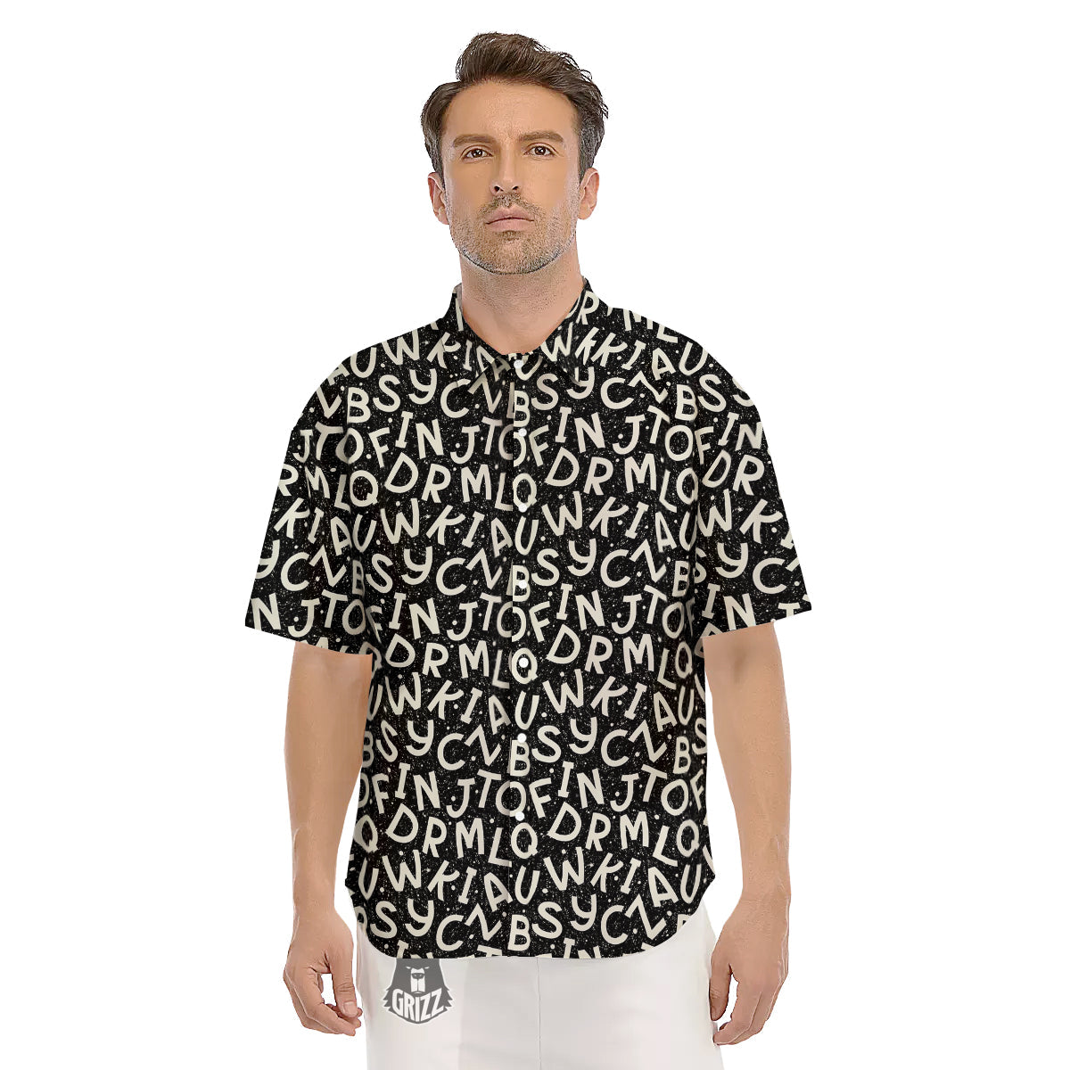 Alphabet Black Print Pattern Men's Short Sleeve Shirts-grizzshop