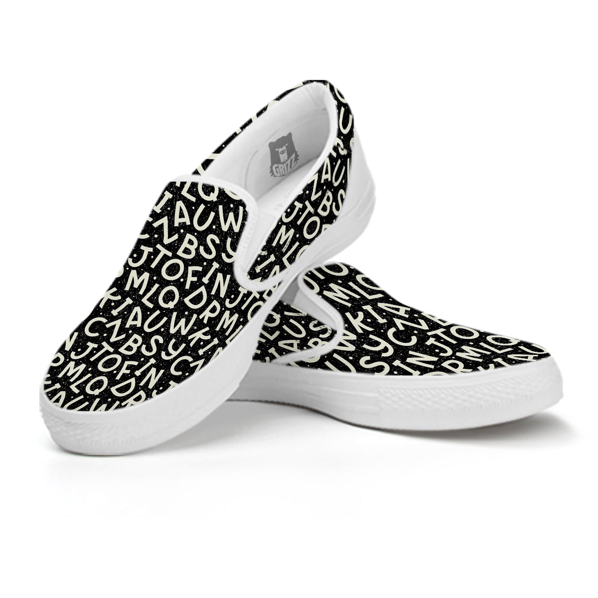 Alphabet Black Print Pattern White Slip On Shoes-grizzshop