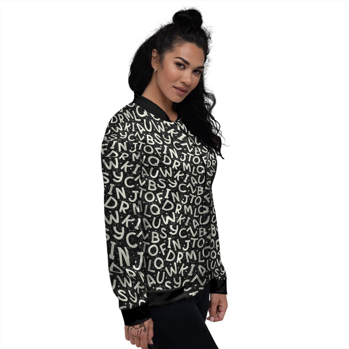 Alphabet Black Print Pattern Women's Bomber Jacket-grizzshop