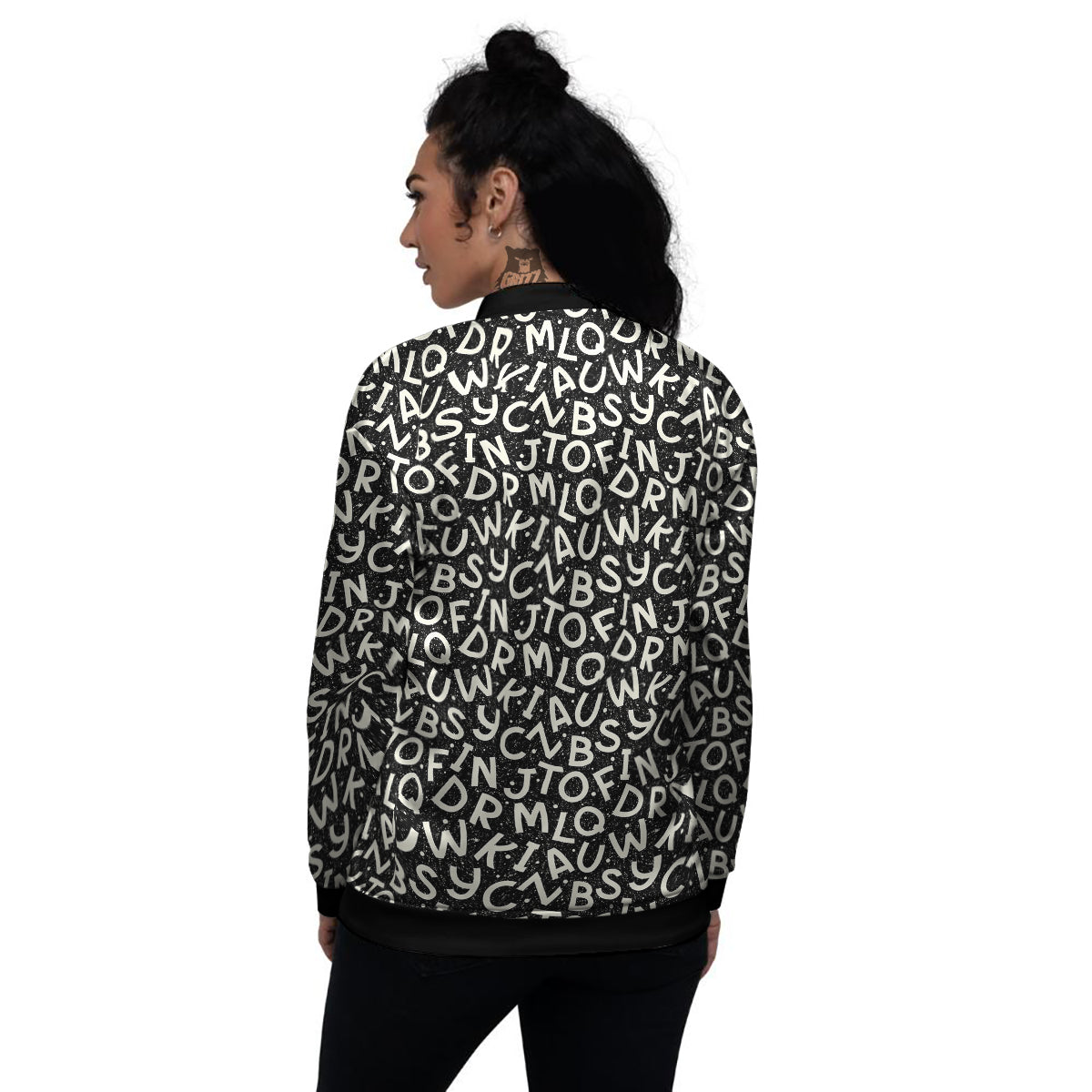 Alphabet Black Print Pattern Women's Bomber Jacket-grizzshop