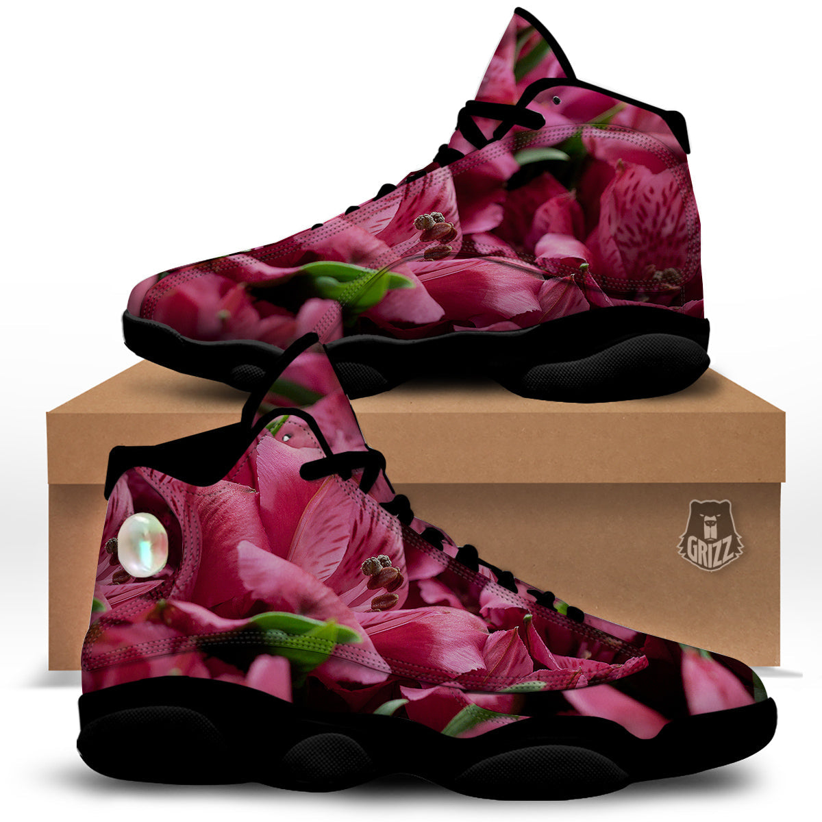 Alstroemeria Burgundy Print Black Basketball Shoes-grizzshop
