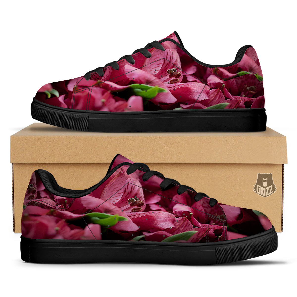 Alstroemeria Burgundy Print Black Low Top Sneakers-grizzshop