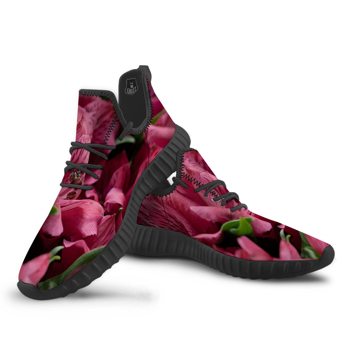 Alstroemeria Burgundy Print Black Walking Shoes-grizzshop