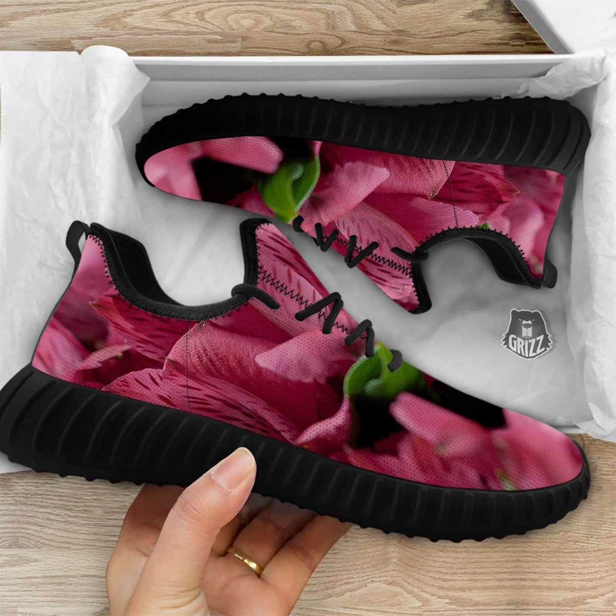 Alstroemeria Burgundy Print Black Walking Shoes-grizzshop