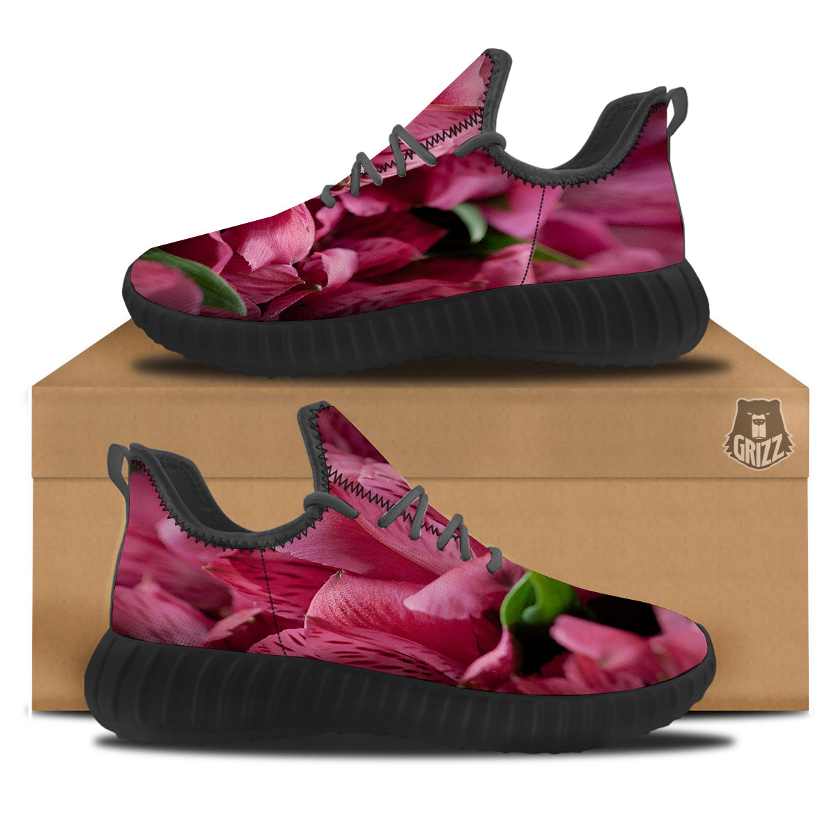 Alstroemeria Burgundy Print Black Walking Shoes-grizzshop