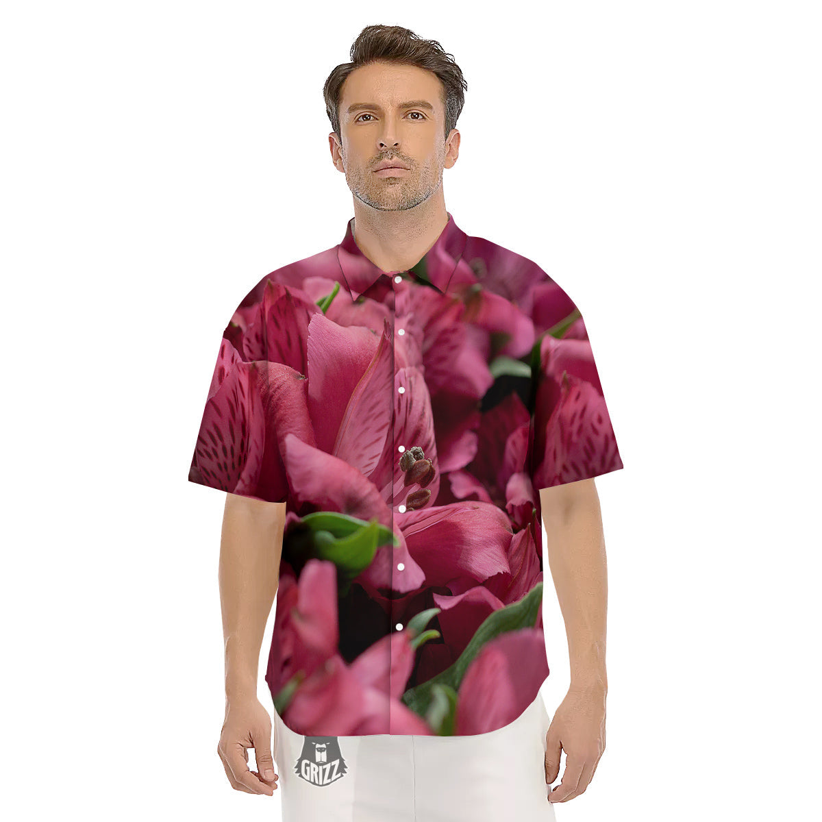 Alstroemeria Burgundy Print Men's Short Sleeve Shirts-grizzshop