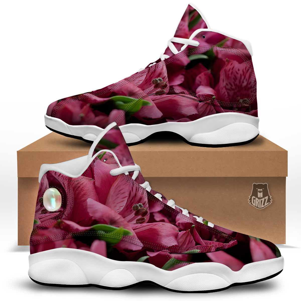 Alstroemeria Burgundy Print White Basketball Shoes-grizzshop