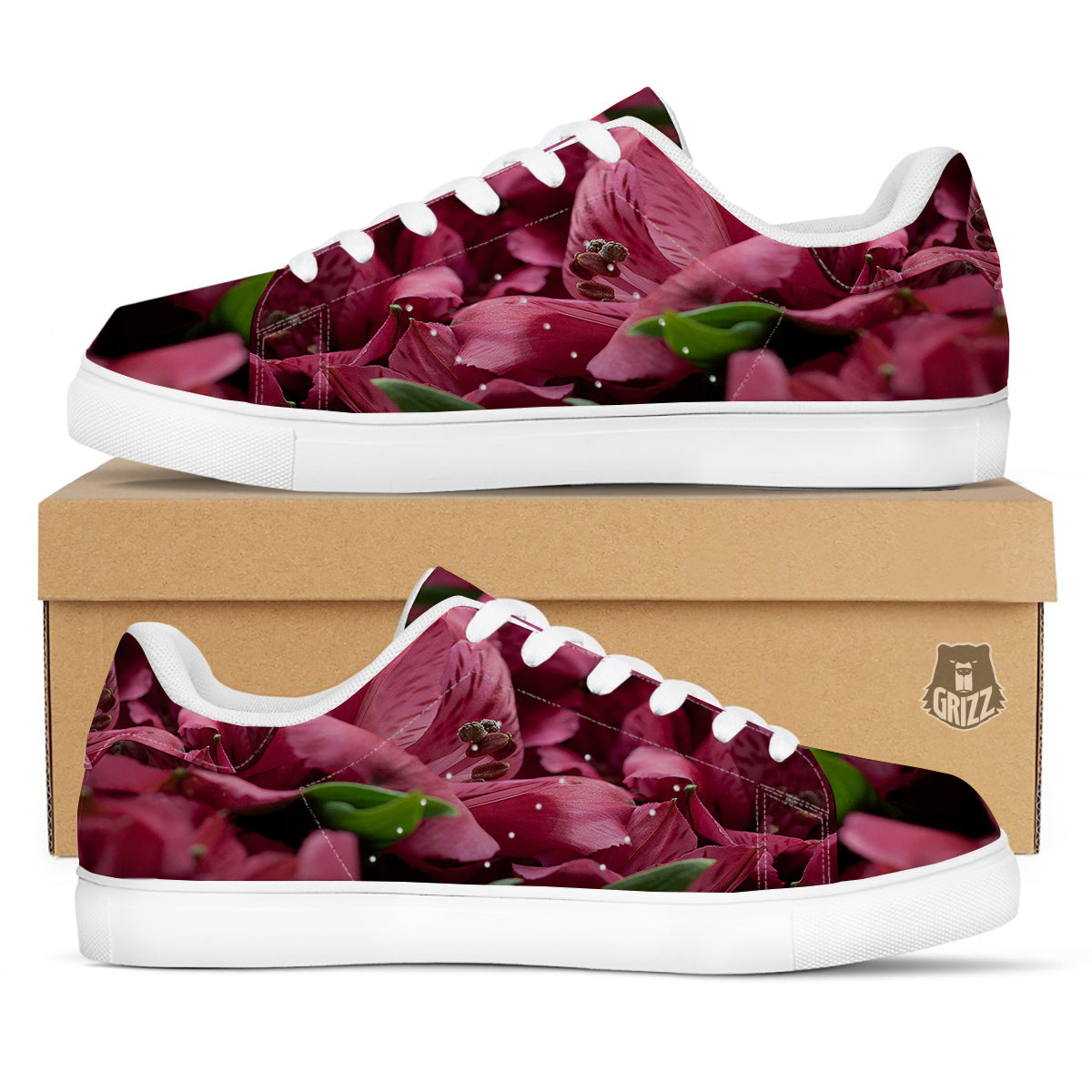 Alstroemeria Burgundy Print White Low Top Sneakers-grizzshop
