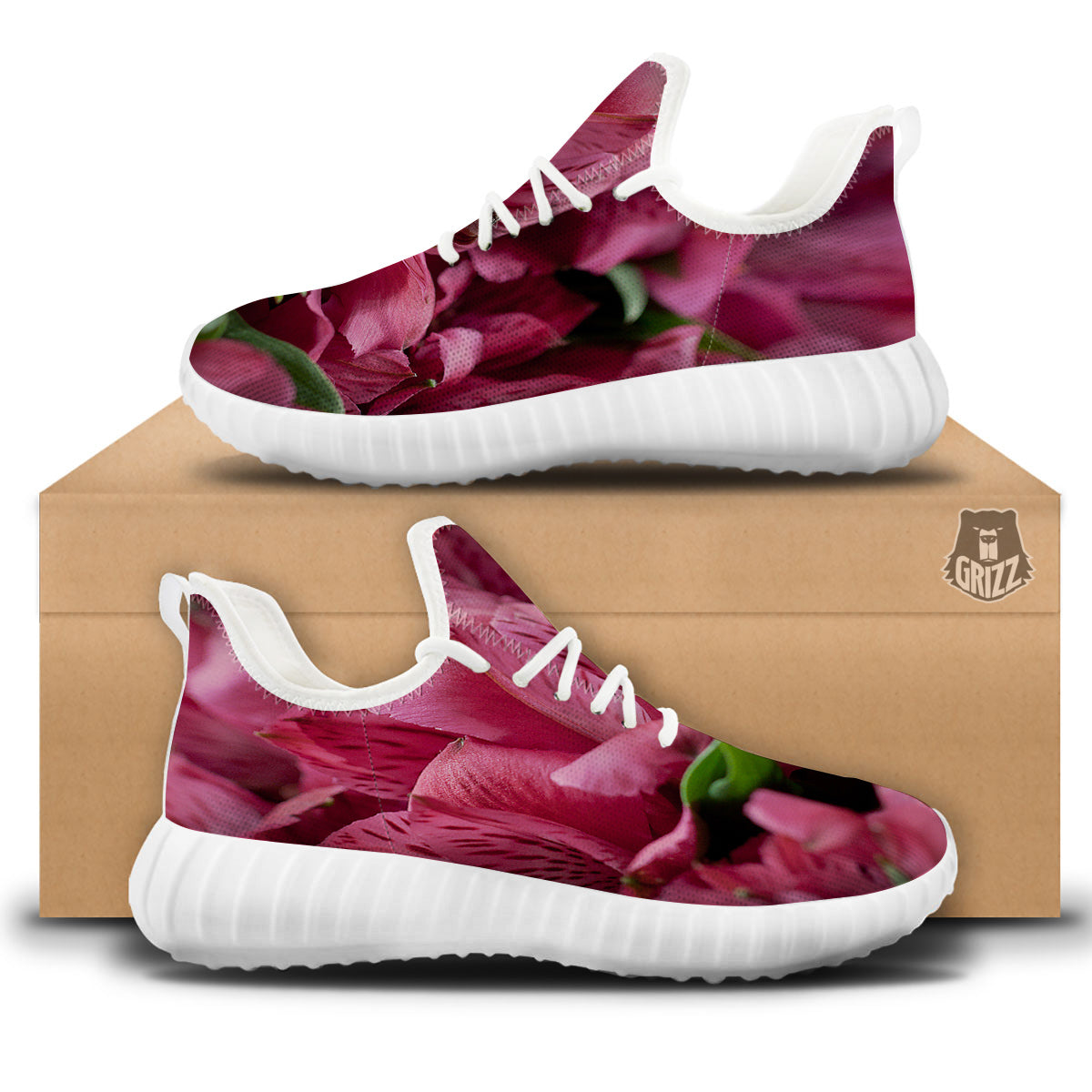 Alstroemeria Burgundy Print White Walking Shoes-grizzshop