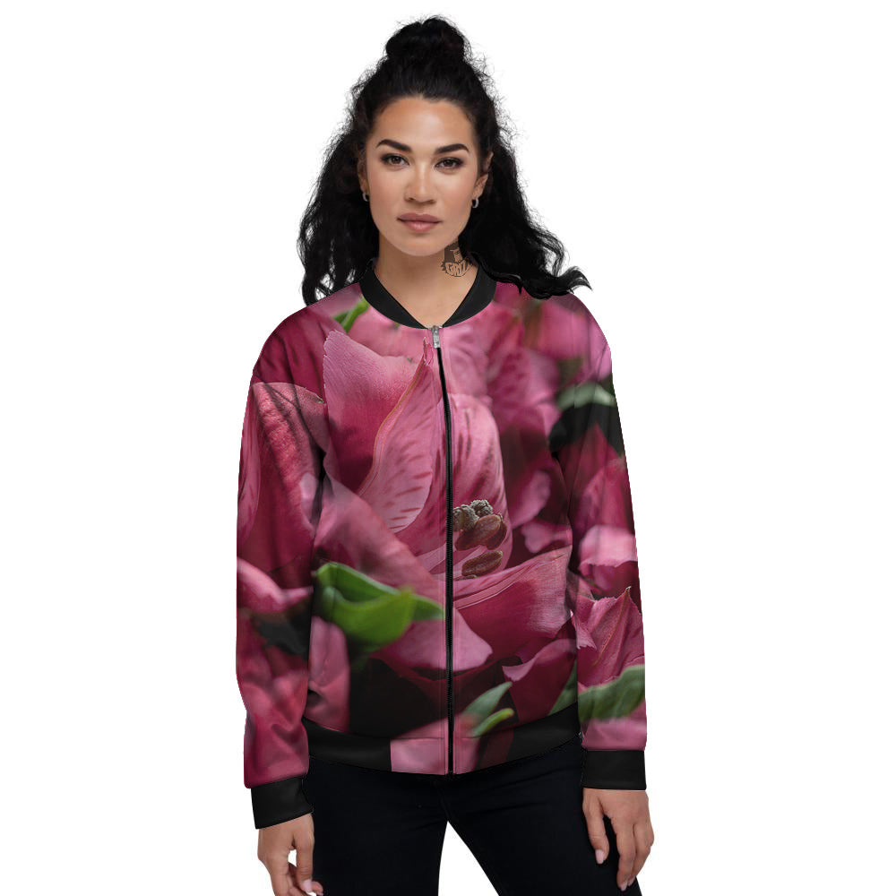 Alstroemeria Burgundy Print Women's Bomber Jacket-grizzshop