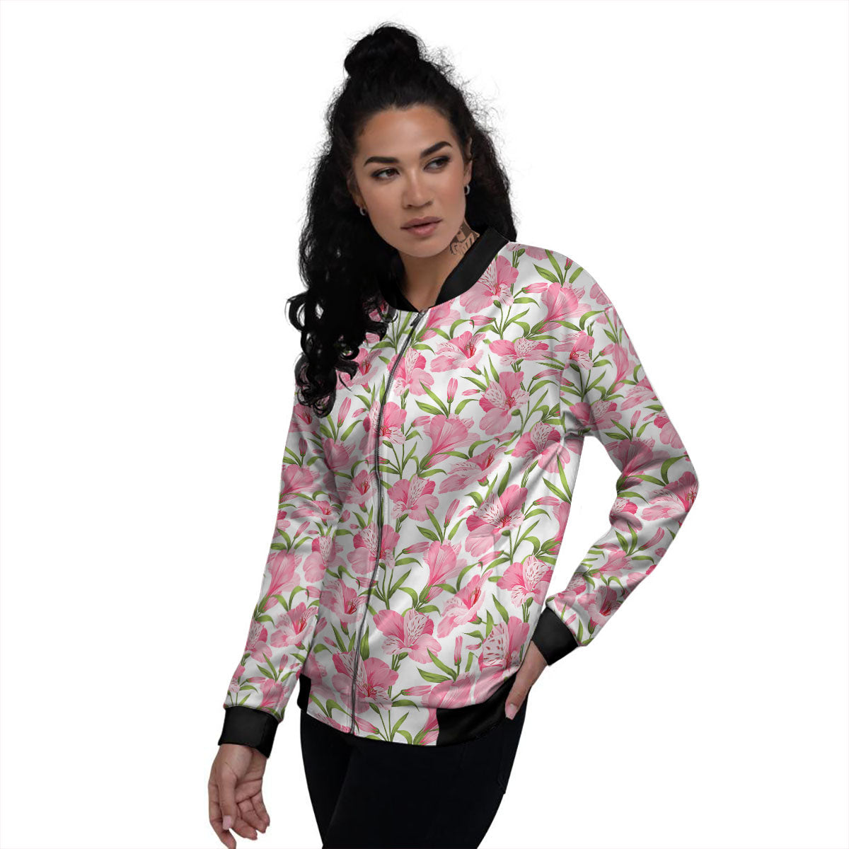 Alstroemeria Flowers Print Women's Bomber Jacket-grizzshop