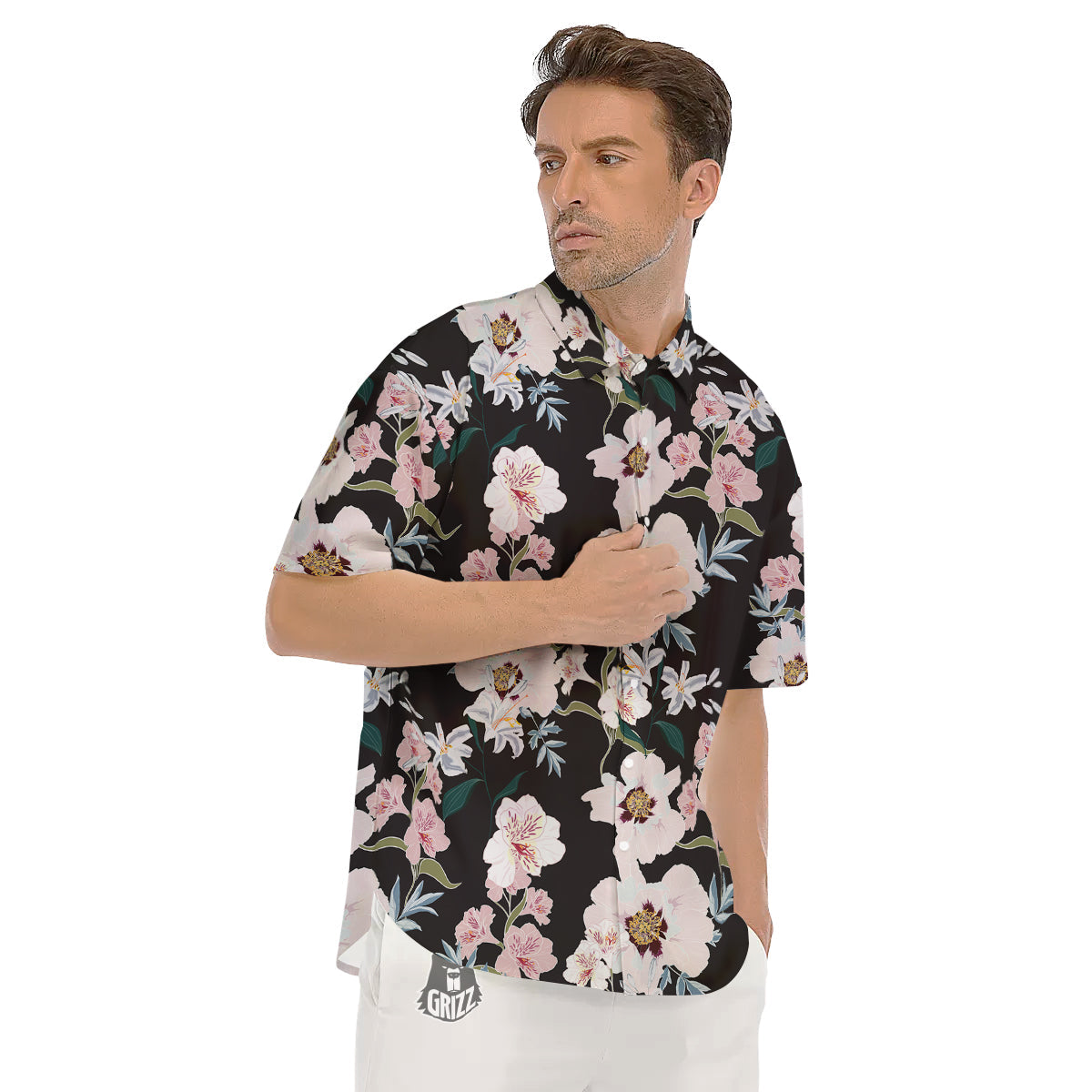 Alstroemeria Pink And White Print Pattern Men's Short Sleeve Shirts-grizzshop