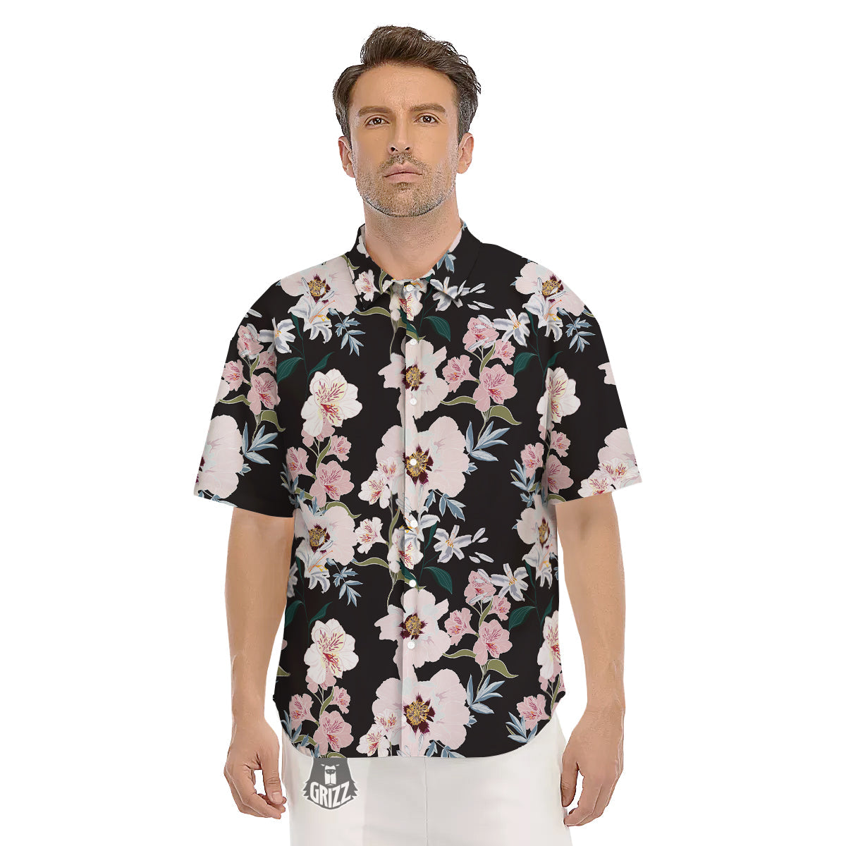 Alstroemeria Pink And White Print Pattern Men's Short Sleeve Shirts-grizzshop