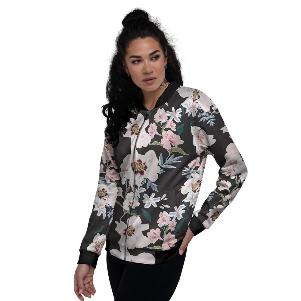 Alstroemeria Pink And White Print Pattern Women's Bomber Jacket-grizzshop