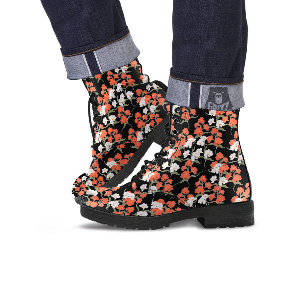 Alstroemeria Red Print Pattern Leather Boots-grizzshop