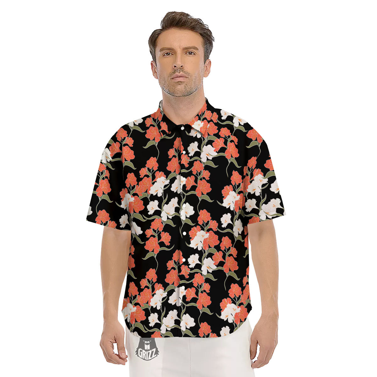 Alstroemeria Red Print Pattern Men's Short Sleeve Shirts-grizzshop